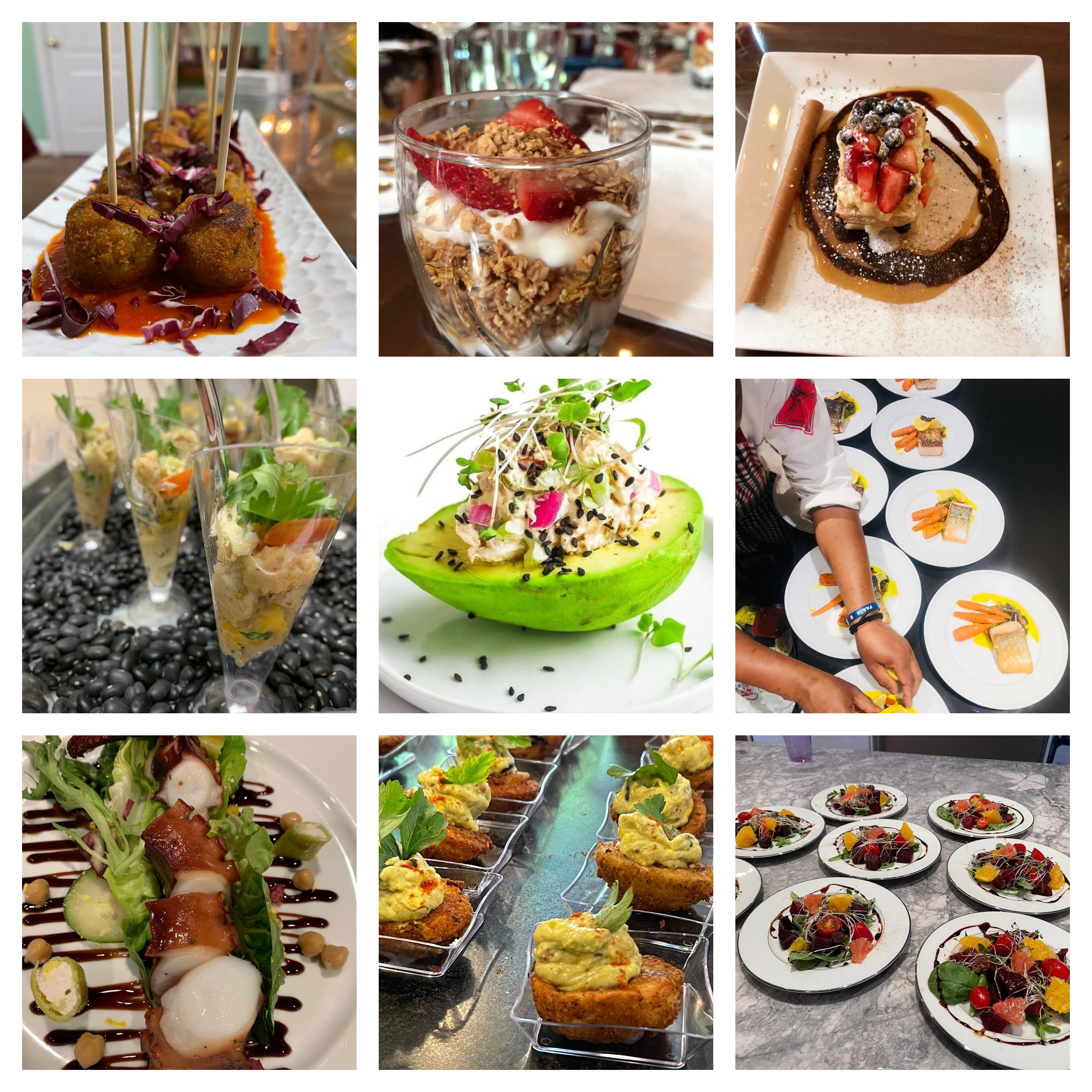 Catering dishes including croquettes, yoghurt parfaits, seafood salad cones, chicken salad served in avocado, plated salmon and beet and citrus salads