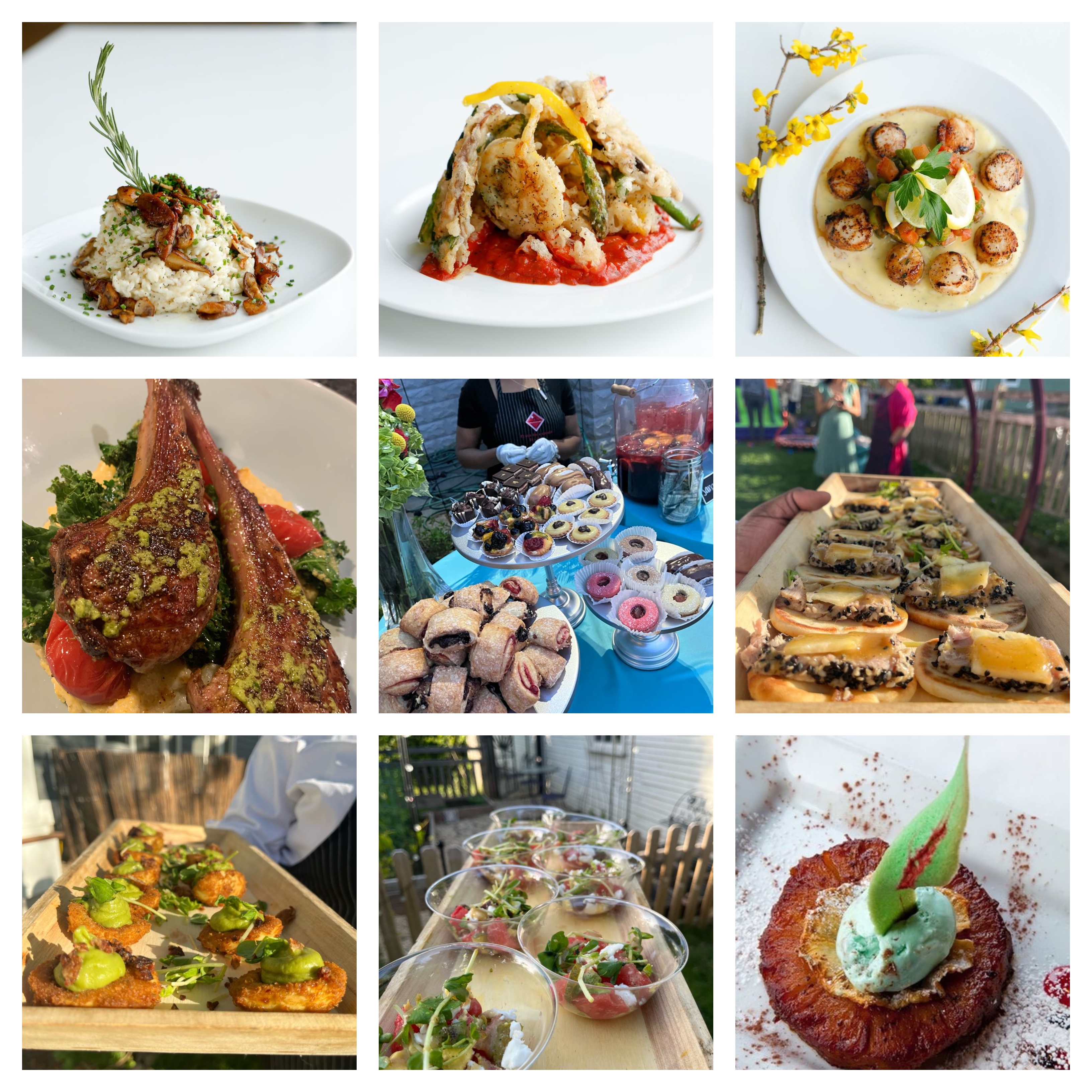 Plated dishes including mushroom risotto, tempura seafood, seared scallops, rack of lamb, an event dessert table and canapes on wooden boards