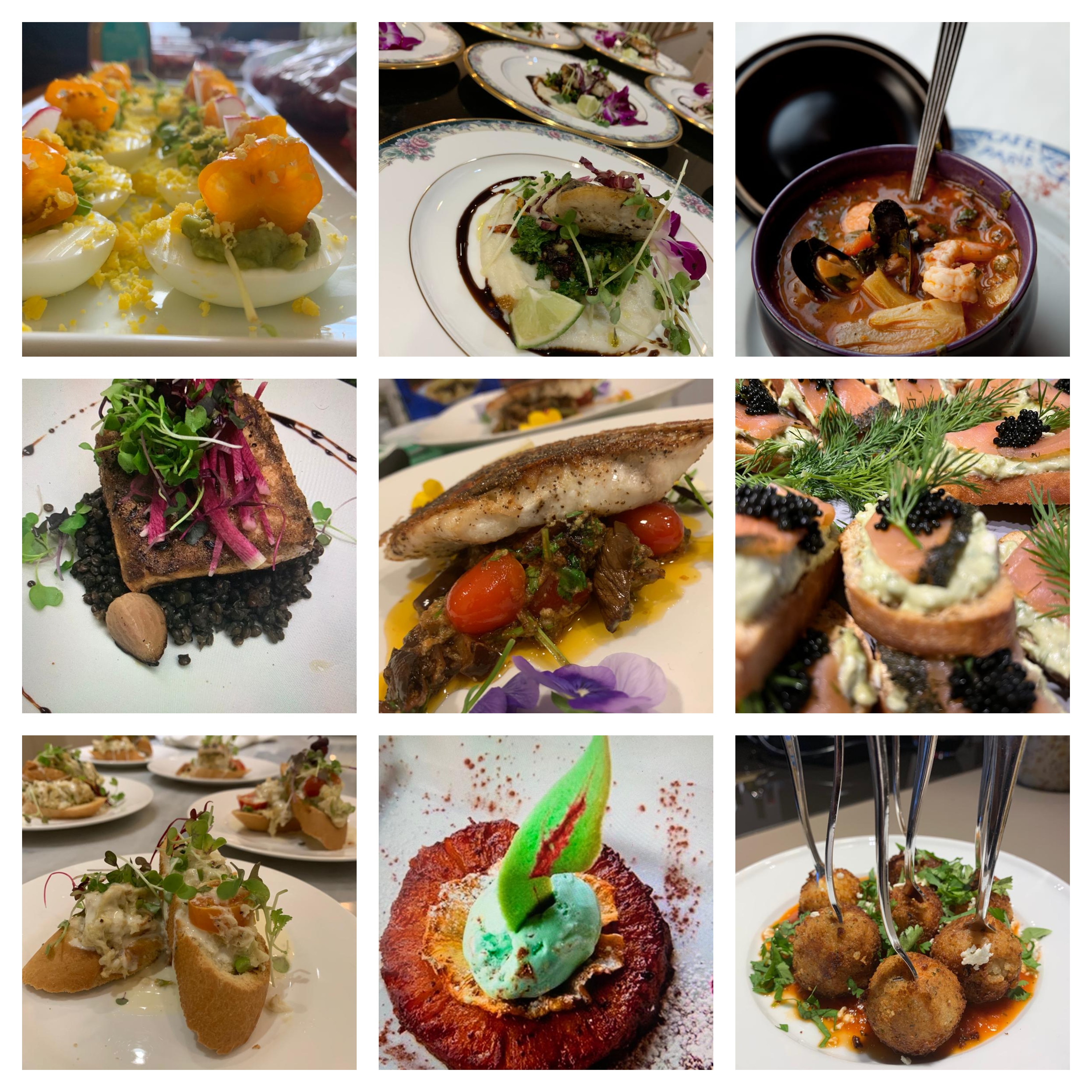 Nine plated dishes including deviled eggs, seared fish on lentils, seafood stew, smoked salmon canapes with caviar and a caramelised plantain dessert